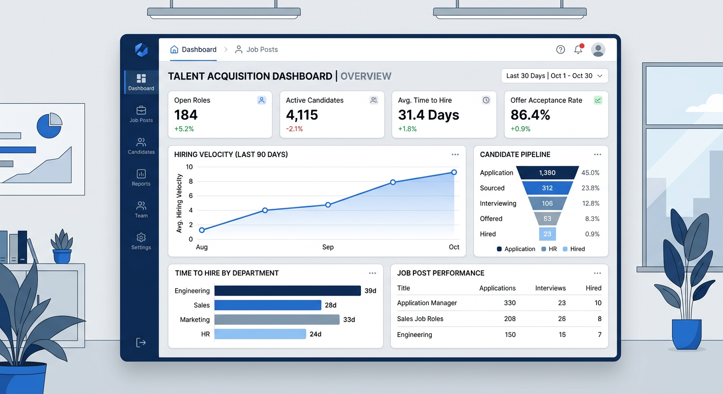 Keystone executive analytics dashboard illustration with hiring velocity metrics