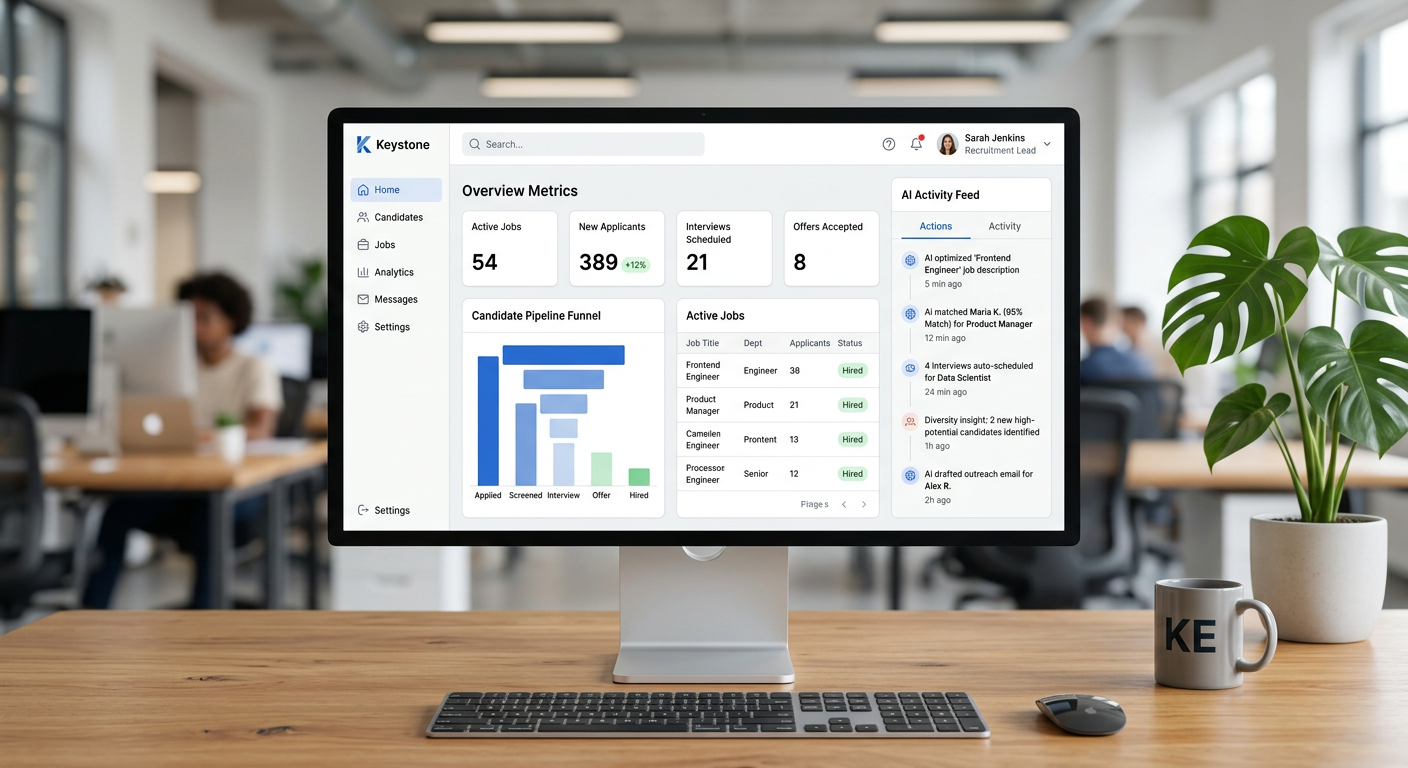 Keystone recruiter dashboard powered by KARE with overview metrics, candidate pipeline funnel, and AI activity feed